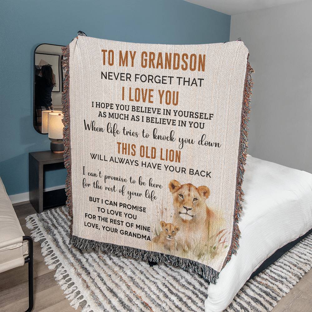 To My Grandson Blanket - Lion Blanket - Gift From Grandma - Heirloom Woven Blanket - the custom craft corner